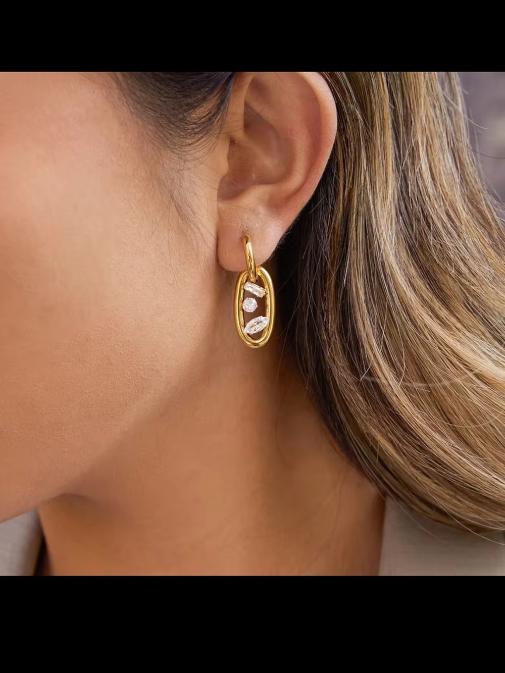 18 k plated Gold Oval Drop Earrings with Crystal Accents